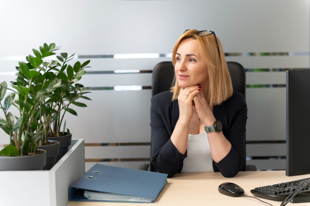 Photographie d'une femme d'affaire assise à son bureau regardant au loin, entourée d'une plante, d'un classeur et d'un ordinateur